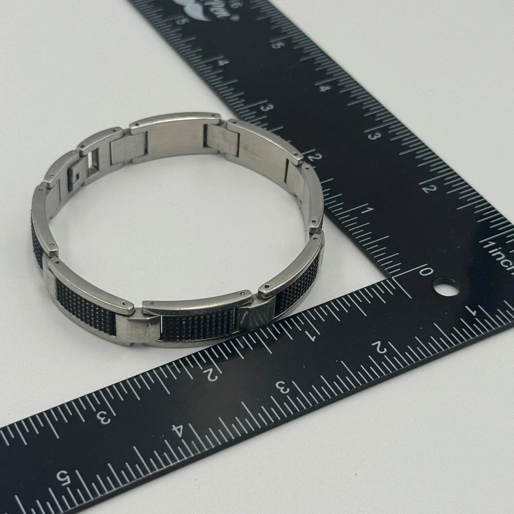 Mens Stainless Steel Link Bracelet‎ Silver Black Carbon Fiber Inlay Industrial